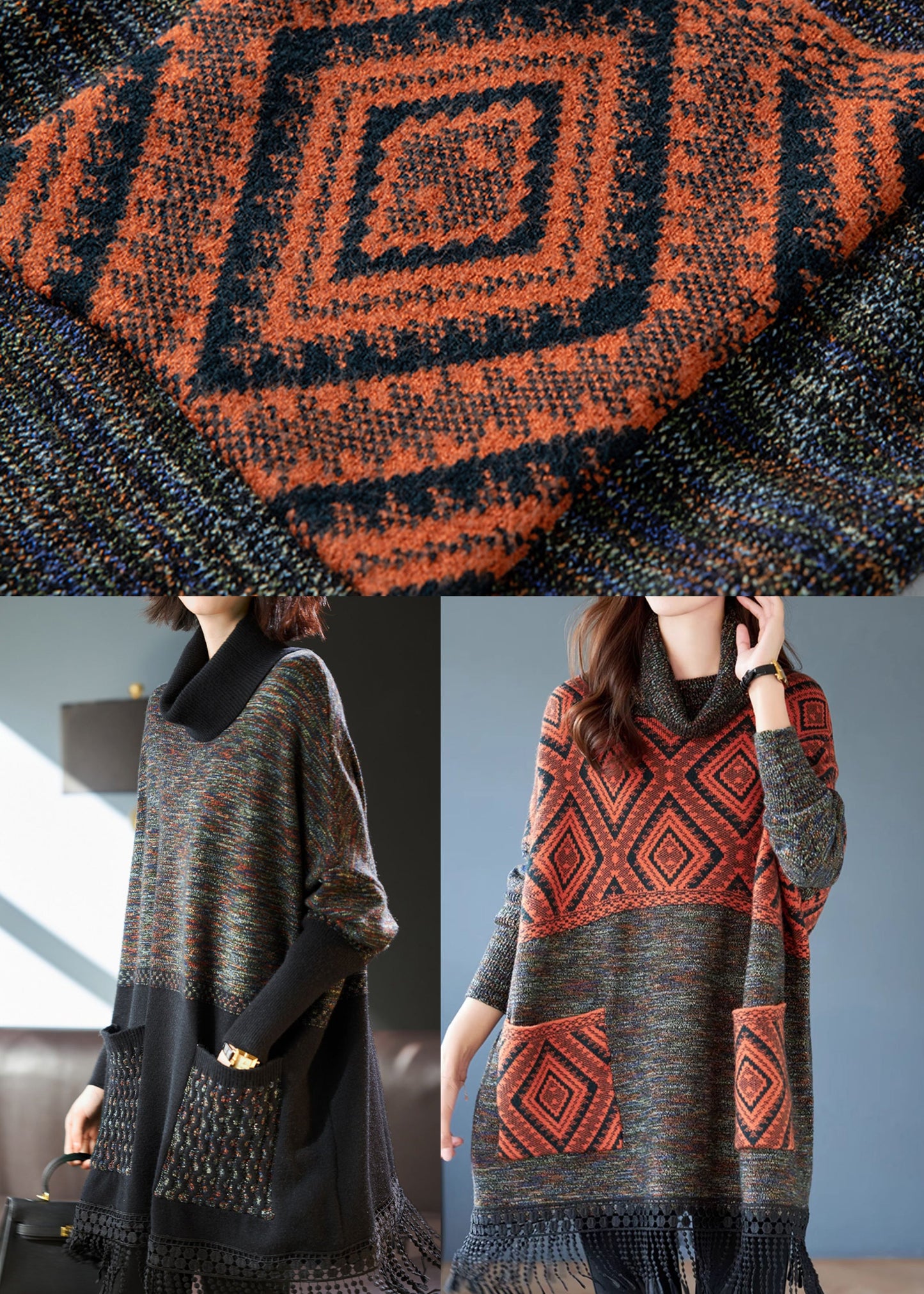 Orange Tasseled Patchwork Knit Dress Spring