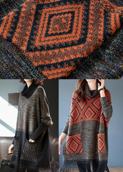 Orange Tasseled Patchwork Knit Dress Spring