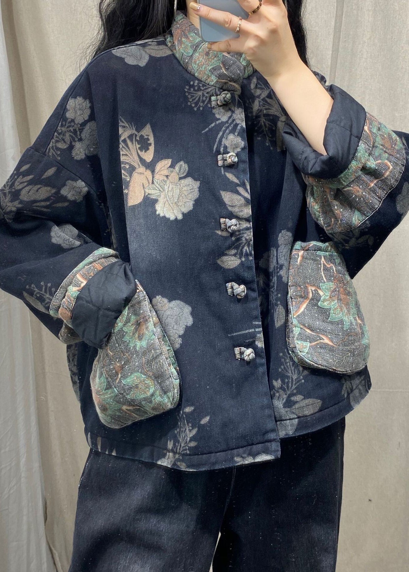 Black Mandarin Collar Print Fine Cotton Filled Witner Coat
