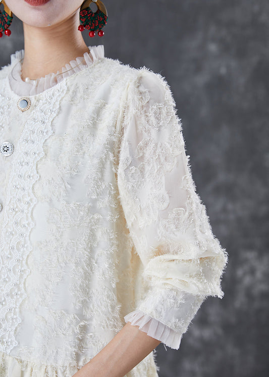Beige Silm Fit Patchwork Lace Cotton Blouses Fall