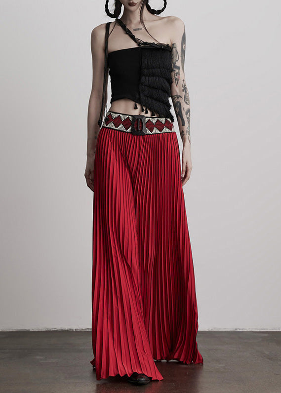 Red Waist Flower Splicing Pleated Wide Leg Pants Spring