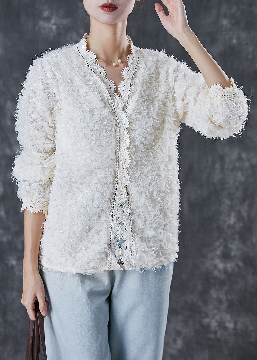 White Tasseled Patchwork Lace Knit Loose Coat Spring
