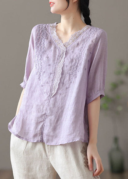 Purple V Neck Embroideried Linen Blouse Tops Half Sleeve