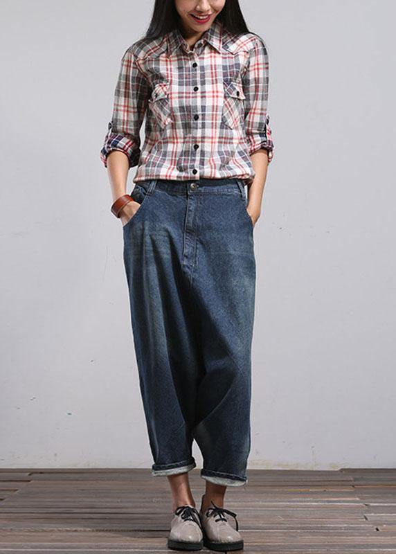 Modern Blue Pockets Wrinkled Fall Harem Denim Pants