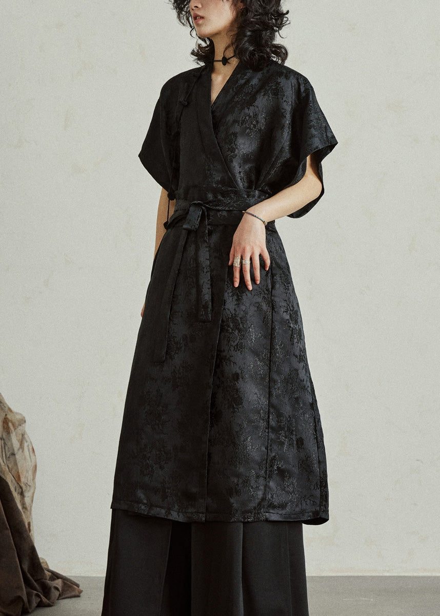 Jacquard Black Tie Waist Silk Maxi Dress Summer