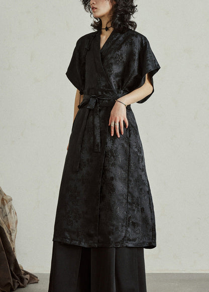 Jacquard Black Tie Waist Silk Maxi Dress Summer