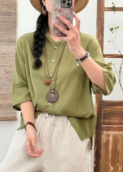 New Orange O Neck Button Linen Blouse Half Sleeve