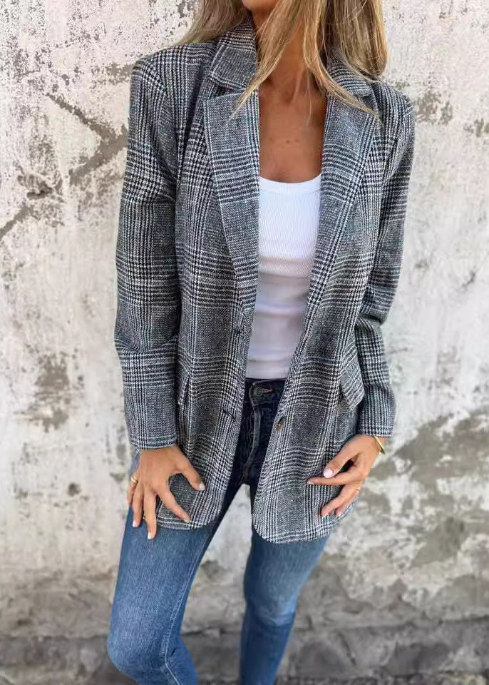 Blue Notched Pockets Plaid Cotton Suit Coats Fall