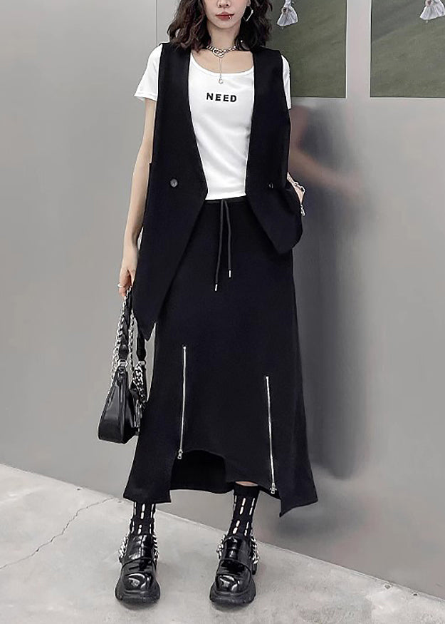 Unique Black Asymmetrical Patchwork Waistcoat and Skirts Cotton Two Pieces Set Sleeveless