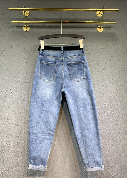 Diy Blue High Waist Pockets Patchwork Denim Pants Fall