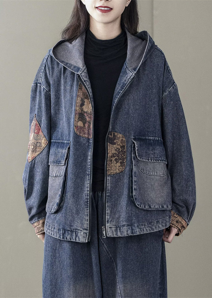 Blue Hooded Patchwork Denim Coats Spring