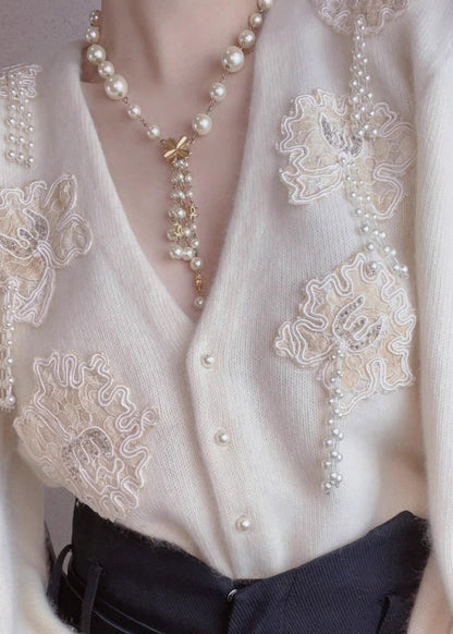 Beige Button Nail Bead Patchwork Wool Top Fall