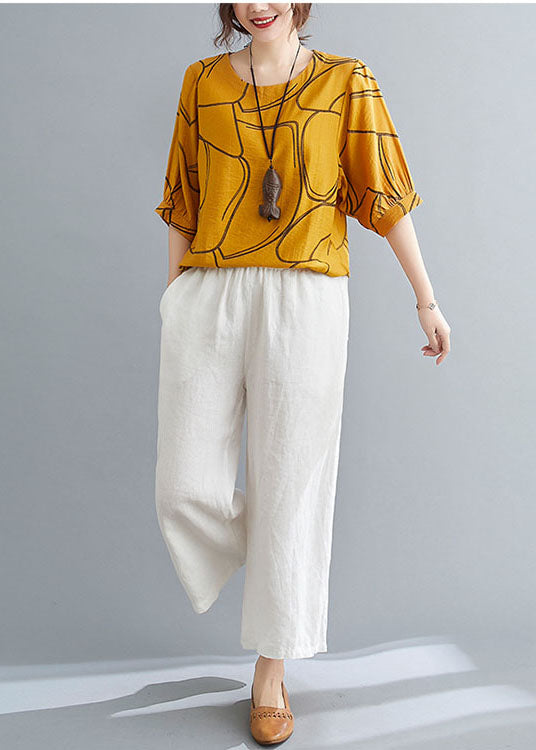 Loose Yellow O-neck Print Cotton Tank Tops Batwing Sleeve