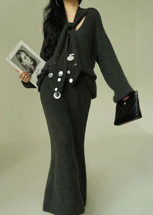 Loose Grey V Neck Sequins Knit Two Pieces Set Fall