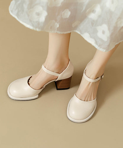 Beige Cowhide Leather Classy Splicing Chunky Heel Sandals