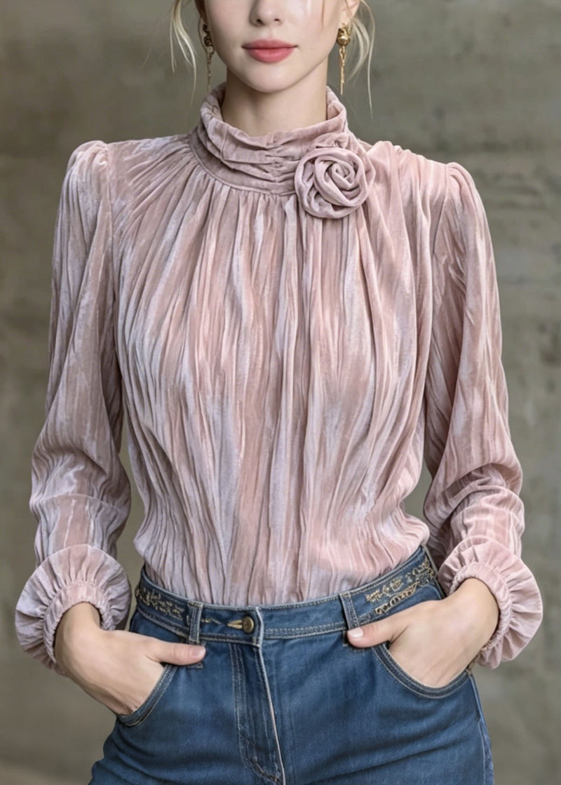 French Purple Wrinkled Velour Shirt Top Spring