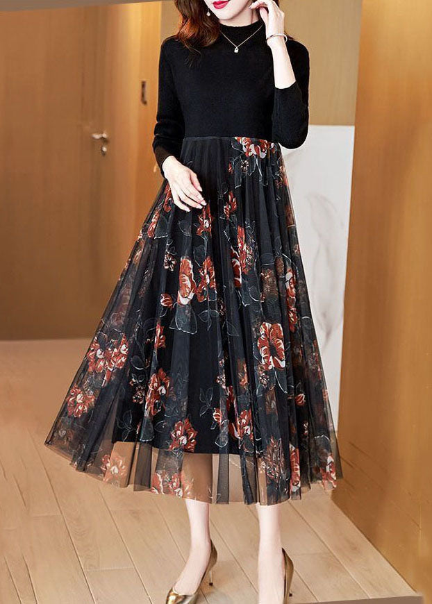 Black Stand Collar Patchwork Tulle Knit Long Dress Spring