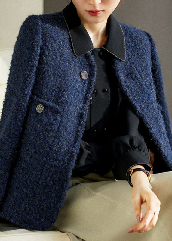 Blue V Neck Button Pockets Ma Hai Mao Coat Long Sleeve