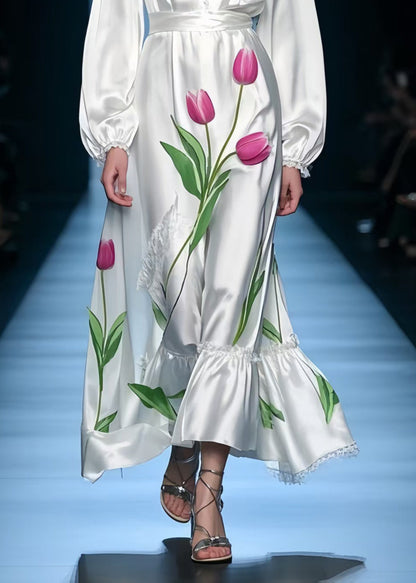 French White V Neck Silk Holiday Dress Spring