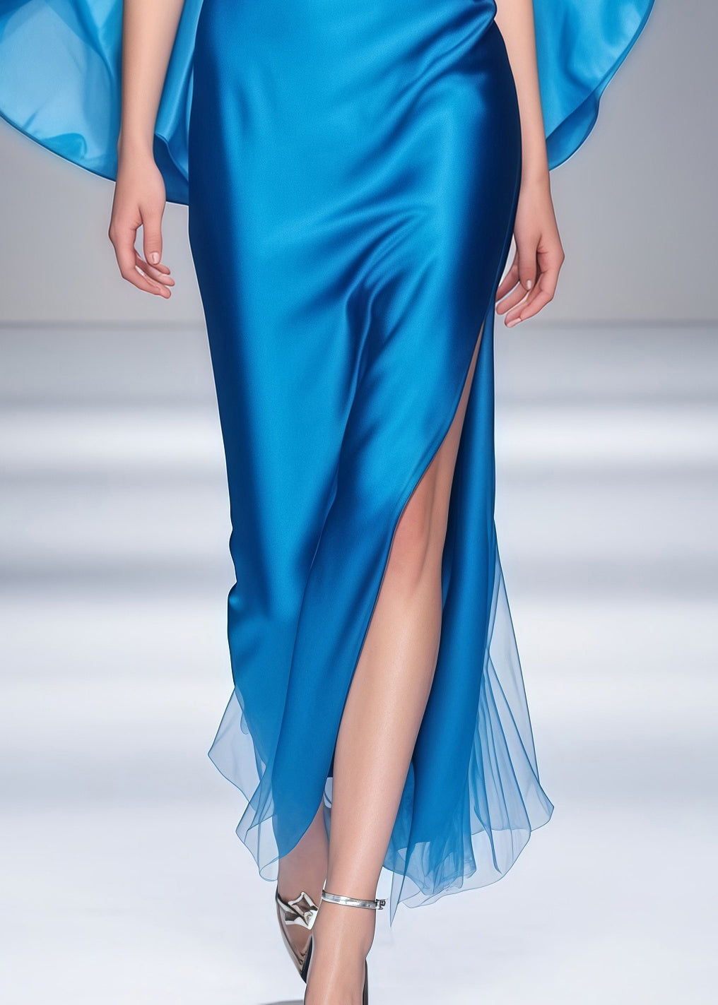 Blue Cloak Patchwork Side Open Silk Dinner Dresses Summer