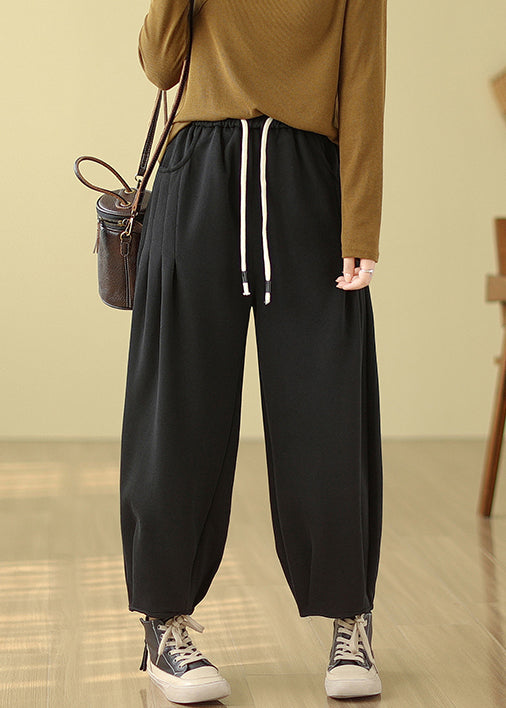 Black Pockets Elastic Waist Warm Fleece Pants Winter
