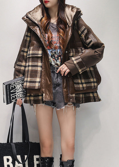 Coffee Hooded False Two Pieces Duck Down Puffer Jacket Winter