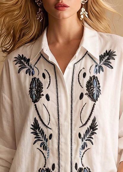 White Embroidered Cotton Shirt Top Spring