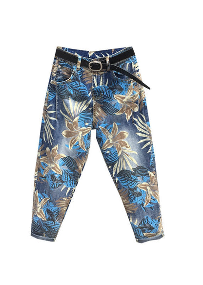 Blue Print High Waist Sashes Harem Pants