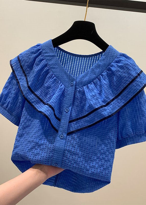 Blue Ruffled Patchwork Chiffon Shirt Tops Summer