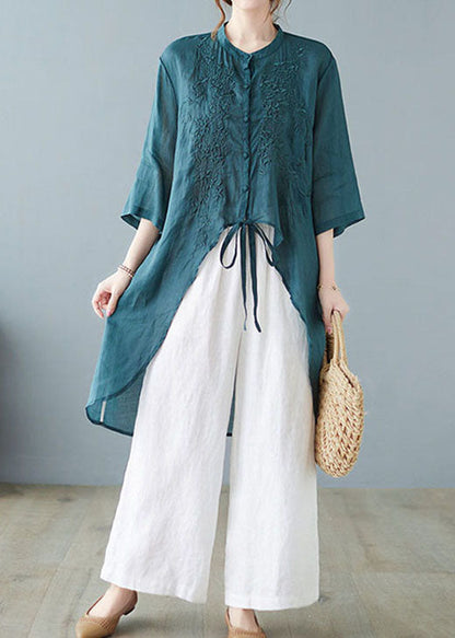 Italian Green Asymmetrical Tie Waist Linen Shirts Half Sleeve