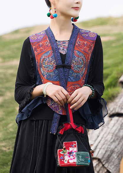 Retro Blue V Neck Embroideried Waistcoat Sleeveless
