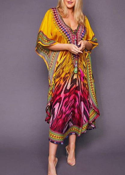 French Yellow Print Beach Gown Summer Dress