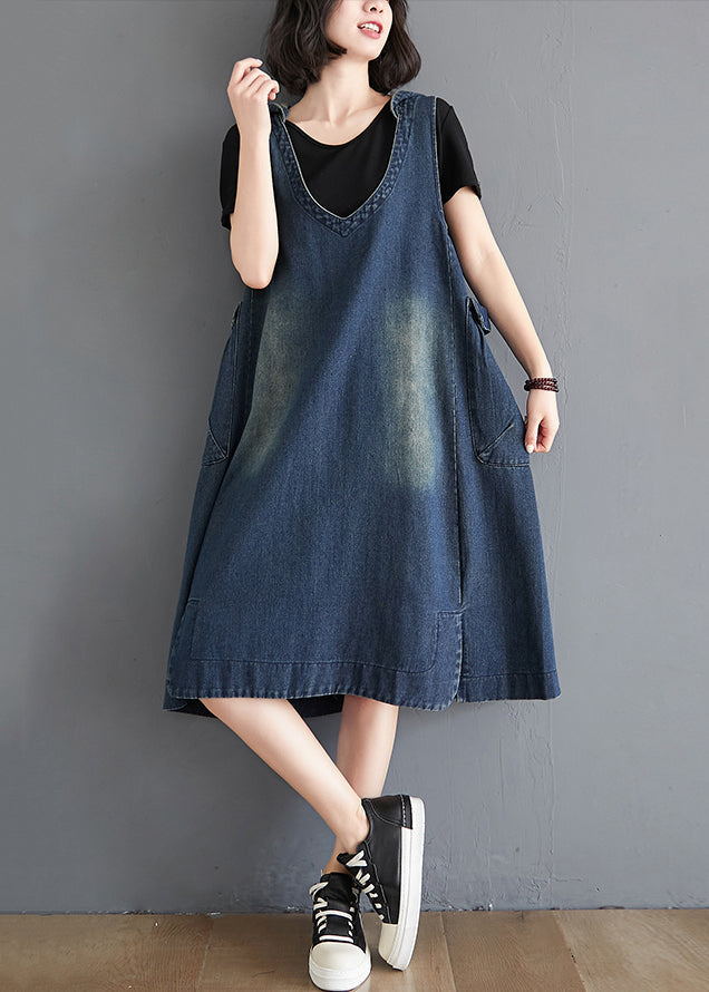 Modern Blue Hoodedpockets Patchwork Denim Waistcoat Long Dress Sleeveless