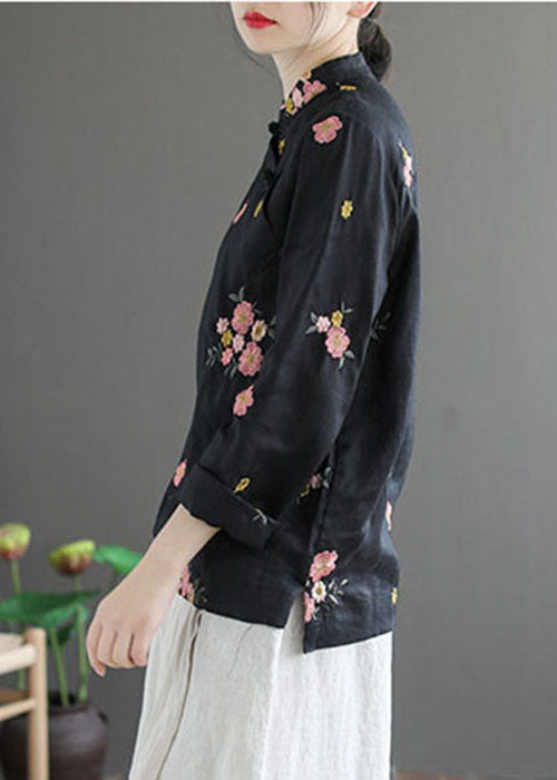 Black Stand Collar Embroideried Linen Shirt Long Sleeve