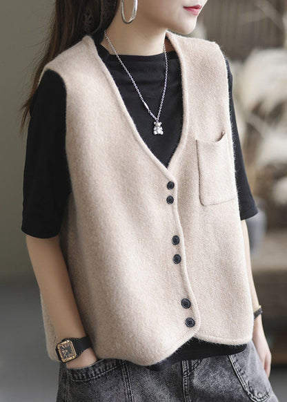 Simple Apricot V Neck Pockets Knit Tank Tops Sleeveless