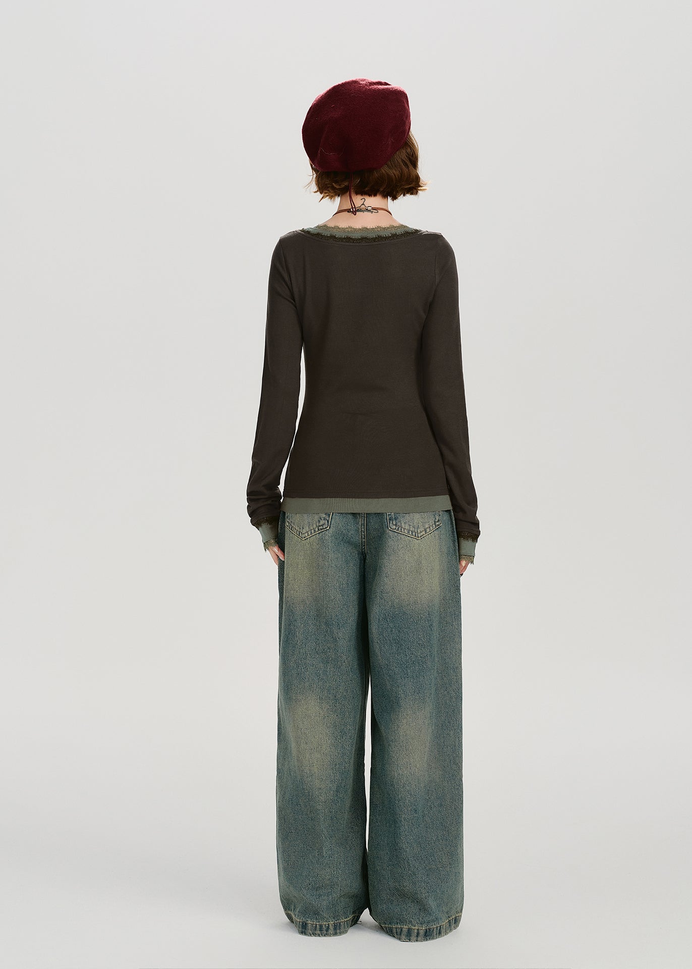 Style Brown O-neck Patchwork Cotton Fake Two Piece Tops Spring