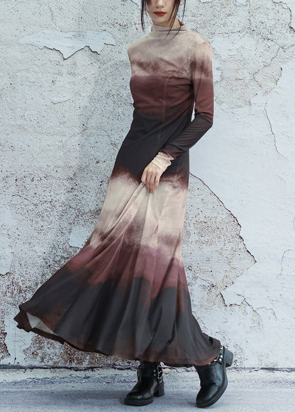 Slim Fit Gradient Color Turtleneck Tulle Long Dresses Fall