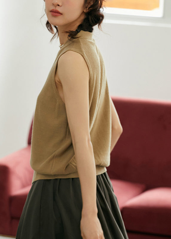 Art Khaki V Neck Thin Knit Woolen Top Summer