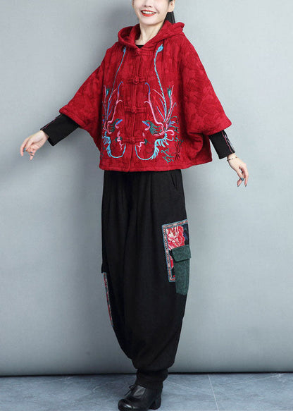 Red Hooded Embroideried Warm Fleece Coat Batwing Sleeve