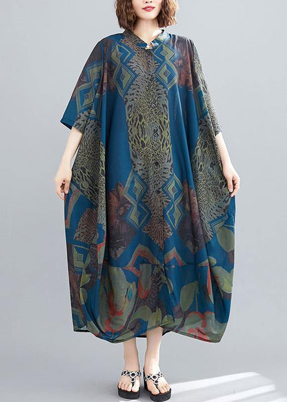 Stand Collar Summer Tunics Blue Abstract Pattern Long Dress
