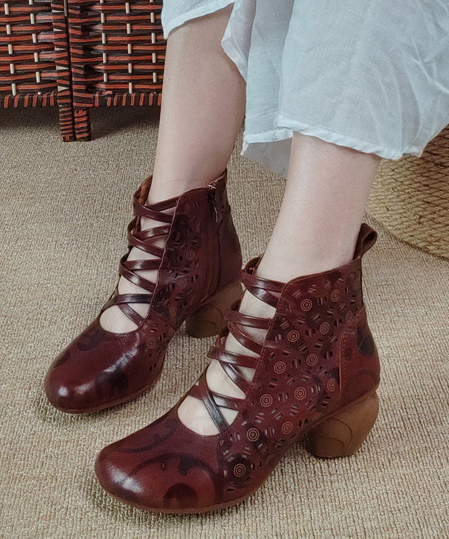Brown Zippered Hollow Out Cowhide Leather Chunky Boots