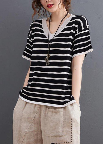 Black Striped V Neck Cotton Linen Summer Tee