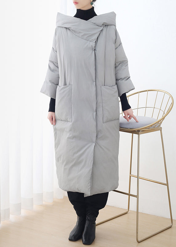 Grey Button Pockets Hooded Down Coat Long Sleeve