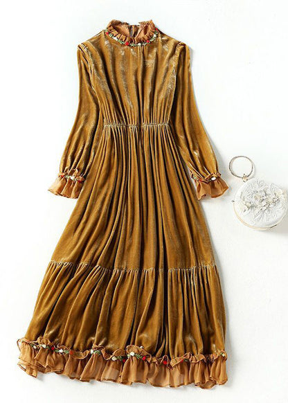Khaki Ruffled Patchwork Exra Large Hem Silk Velour Dresses Spring