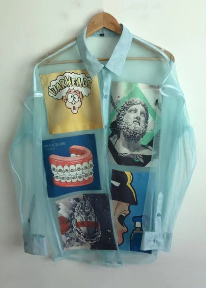New Light Blue Button Print Tulle Shirt Long Sleeve
