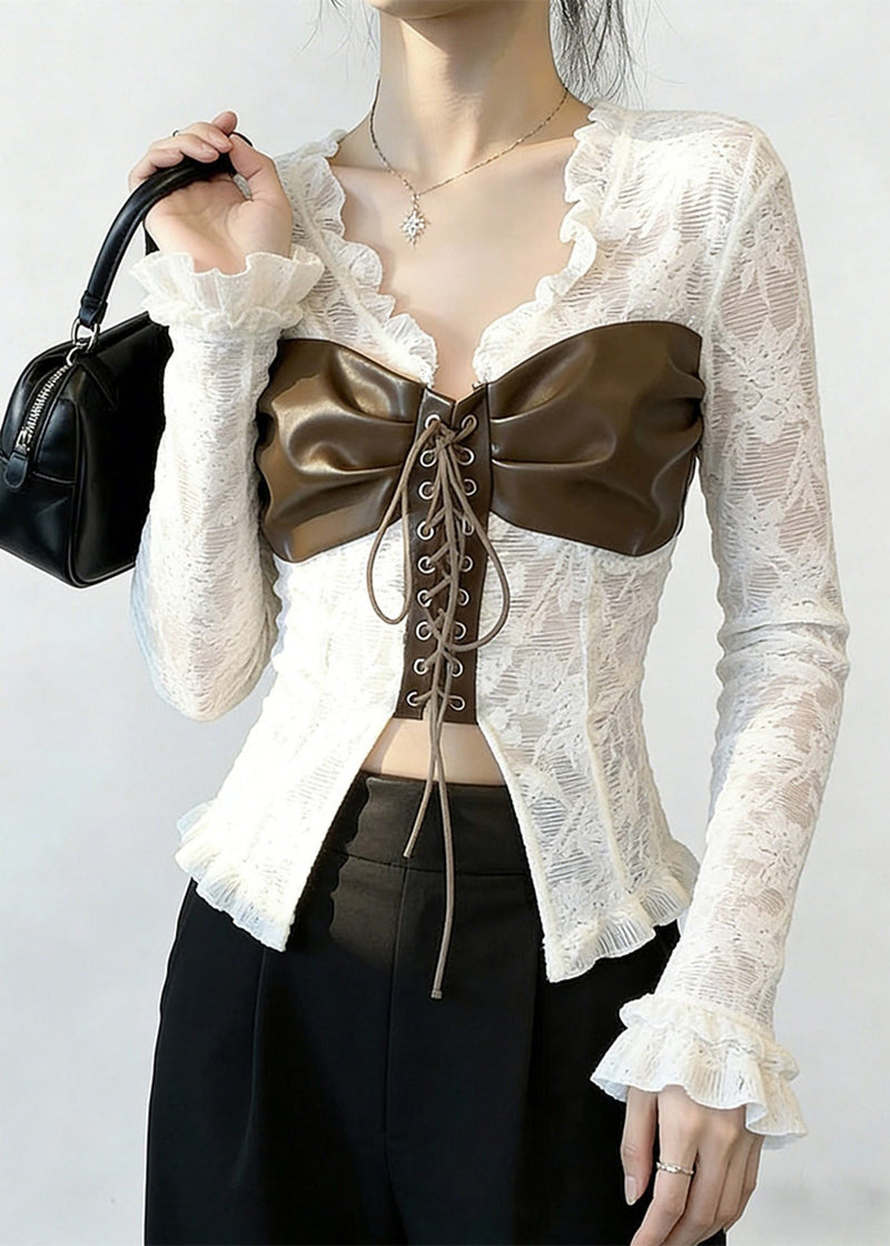 White Patchwork Cross Strap Lace Top Spring