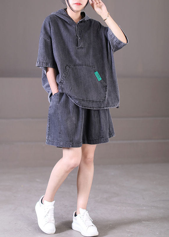 Dark Grey Hooded Elastic Waist Pockets Cotton Denim Two Piece Set Outfits Summer