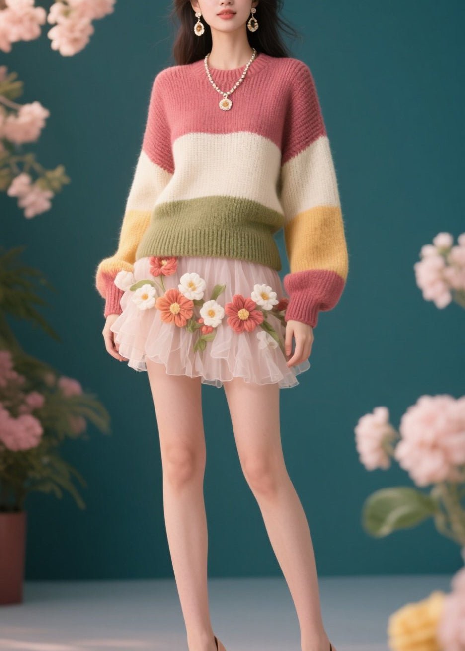 Colorblock O Neck Knit Short Sweaters Winter