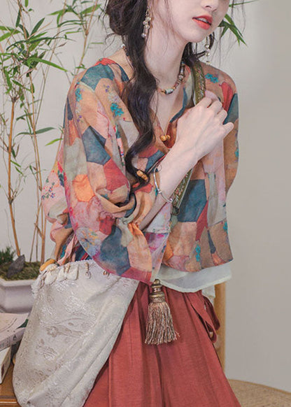 Colorblock Asymmetrical Design Print Lace Up Patchwork Shirt Top Summer