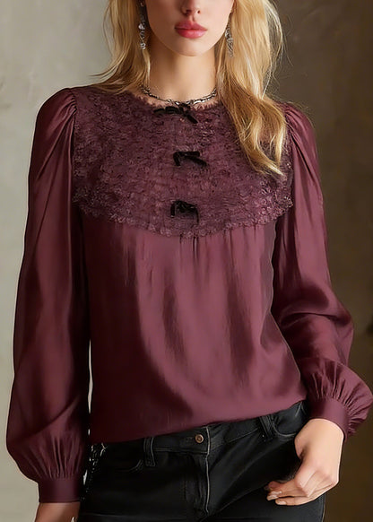 French Red O-neck Patchwork Tops Lantern Sleeve